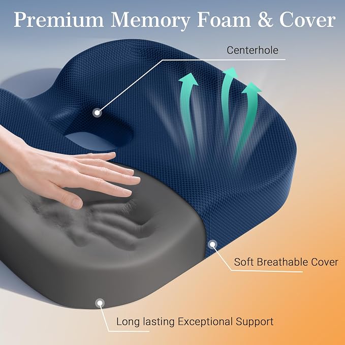 Donut Pillow Seat Cushion for Hemorrhoids & Tailbone Pressure Relief - Memory Foam Office Chair Cushion for Sciatica, Coccyx & Back Pain, Non-Slip Butt Cushions for Long Sitting (Blue)