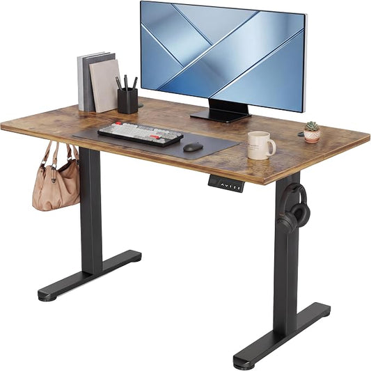 Claiks Electric Standing Desk, 48x24 Inch, Rustic Brown | Adjustable height for sit-stand, 156lbs capacity, scratch-resistant surface, 3 memory presets, cable management & hook.