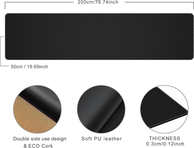 Chihein 79" x 20" 5XL PU Leather Desk Mat (Black), Huge Mouse Pad, Dual Sided Desk Pad Protector, Waterproof Writing Blotter for Gaming/Office/Home