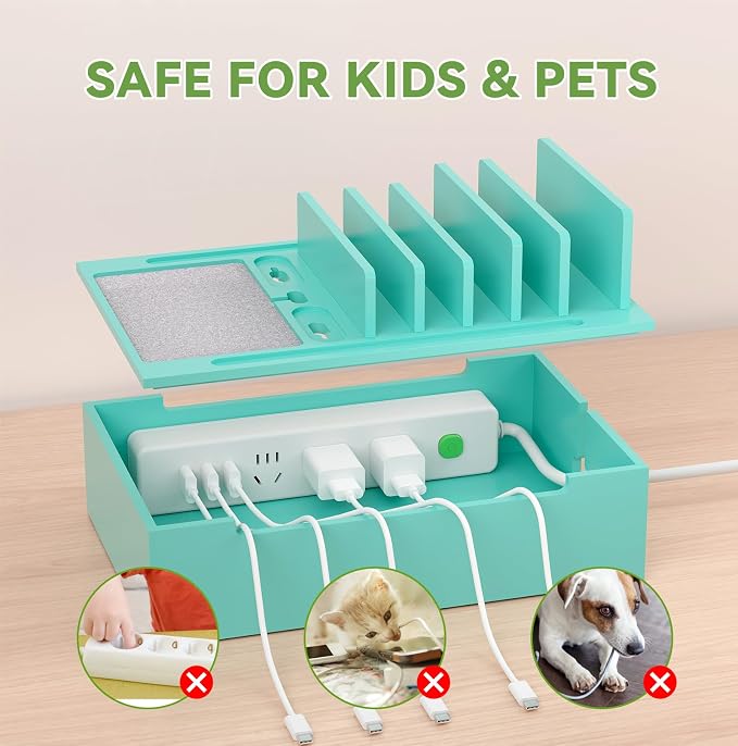 Pezin & Hulin Bamboo Charging Station-Teal, (No USB Charger and Cables) | Electronic Devices Organizer for Multiple Devices Charger Such As Cell Phone, Tablet, Watch and More