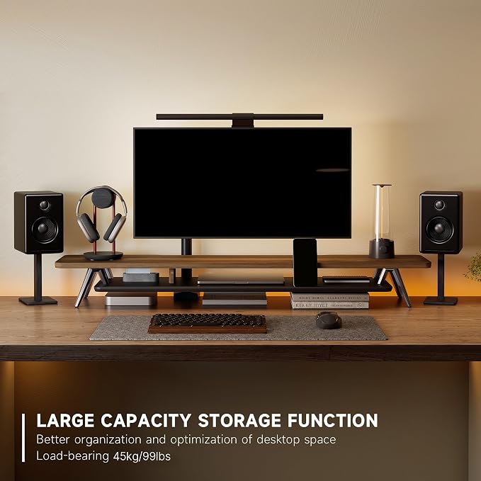 Fenge Dual Monitor Stand Riser, Wooden Desk Shelf with 2-Tier Storage | 47.3-Inch Extra Wide, Sturdy Aluminum Legs, Built-In Phone & Tablet Slot, Desktop Organizer for Office Accessories