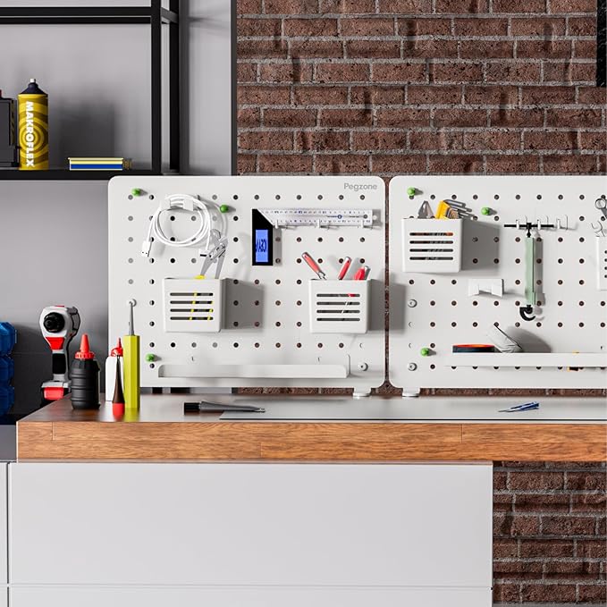 PEGZONE Clamp-on Desk Pegboard, Desk Organizer for Office Gaming Home, Magnetic Metal Peg Board with 10 Accessories, Privacy Panel, 16.5" x 12.6", Medium, White