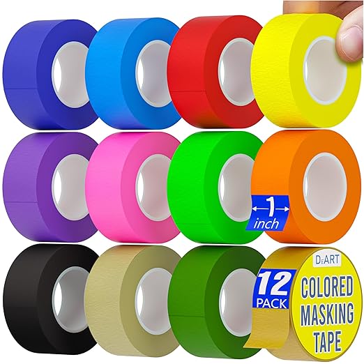 DEART Colored Masking Tape 12 Pack 1 inch Color Painters Tape for Arts & Crafts Labeling, Coding, Art Supplies, Whiteboard Tape, Craft Supplies DIY Lab Tape Wire Management Scrapbook Decoration