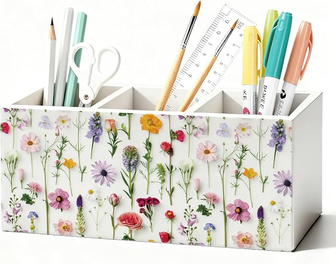 Floral Pen Pencil Holder for Desk Accessories, Cottagecore Colorful Wildflower Botanical Wooden Box Sign Decorations for Girls Room Bedroom Dorm Home Office Desk Tabletop