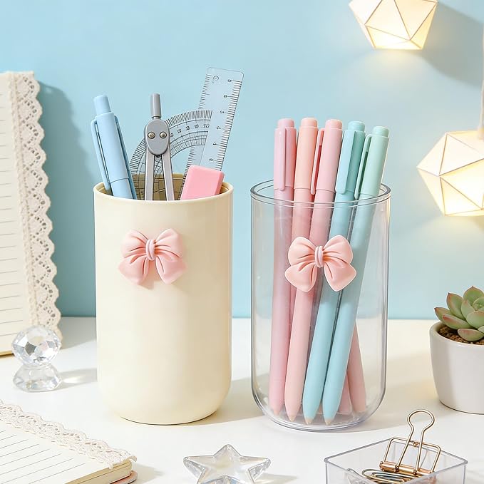 2 Pack Pen Pencil Holder for Desk, Acrylic Desk Organizer with Bow Clear Makeup Brush Holder Cup Desktop Stationery for Office School (Transparent+Beige)