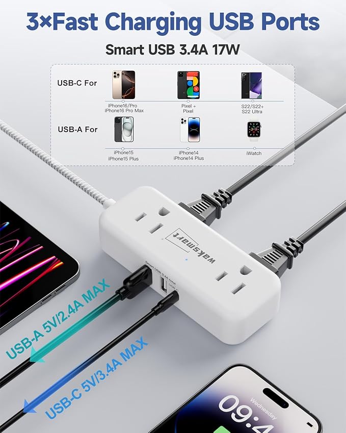 Flat Extension Cord 25 FT with 4 AC Outlets 3 USB Ports (5V/3.4A 17W), 25Ft Long Braided Cord for Home Office Dorm