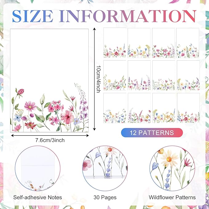 12 Pads Wildflower Sticky Notes Flower Sticky Notes 3 x 4 Inches Floral Notepad Cute Summer Adhesive Memo Reminder Floral Memo Pads Flower Notepads for Women Journal Office Spring Gifts