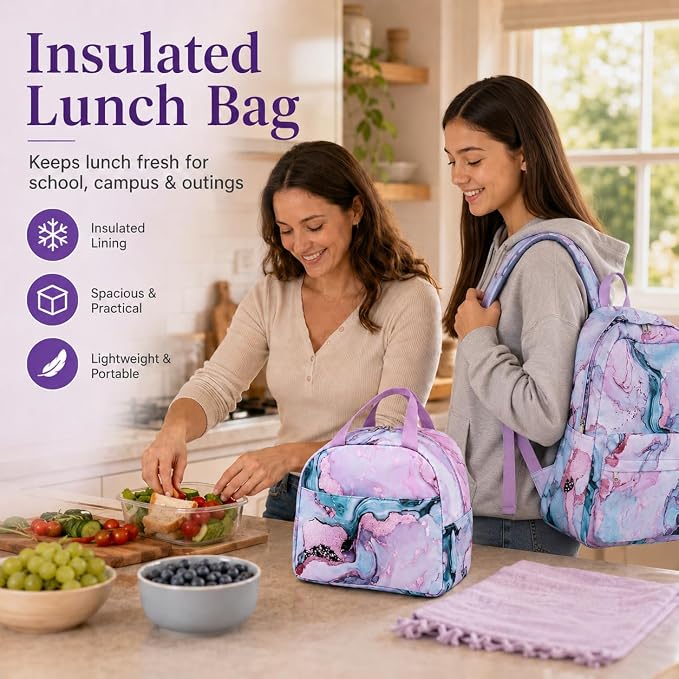 Bluboon Teens Backpack Set Girls School Backpack Lunch Box Pencil Bags Student Bookbags 3 in 1 (Green Marble)