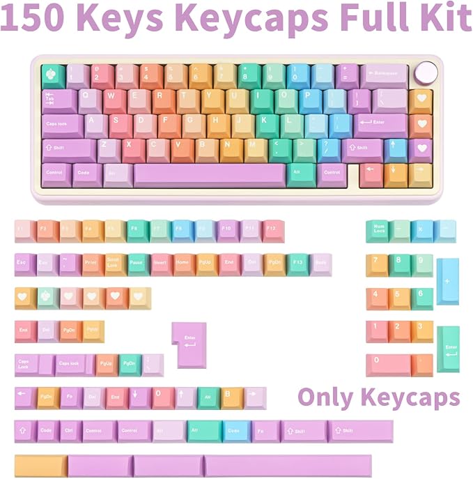 Custom Rainbow Color Keycaps, 150 Keys PBT Keycap Cherry Profile, Dye-Sublimation Colorful Keycaps for 61/64/68/84/87/100/104/108 Cherry MX Mechanical Keyboards