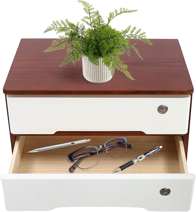 2-Tier Desktop Storage Box with Lockable Drawer, Wooden Desk Organizer for Office Supplies, Flat File Cabinet, Minimalist Design for Home & Office Use(Walnut+White)