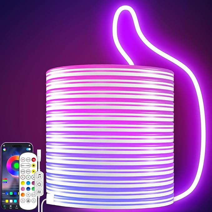 KANTUTOE LED Neon Rope Lights, 16.4ft RGB LED Light Strip, 24V Music Sync App/Remote Control DIY Rope Light, IP67 Waterproof Gaming Neon Strip Lights for Bedroom Indoor Oudoor Décor