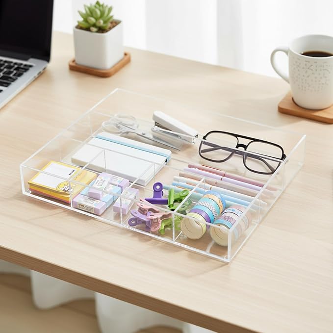 Large Acrylic Desk Deep Drawer Organizer with Adjustable Dividers, Anti-skip Clear Desk Top Junk Drawer Storage Tray for Pens, Desktop, Office, Bathroom, Kitchen, Makeup Supplies(6 Compartments)