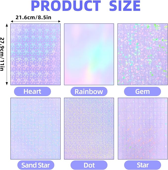 36 Sheets Holographic Laminating Sheets, 8.5x11 Inch Clear Holographic Sticker Paper with Self-Adhesive Waterproof Vinyl Overlay, 6 Patterns Transparent Laminate Film for DIY Stickers, Photos, Crafts