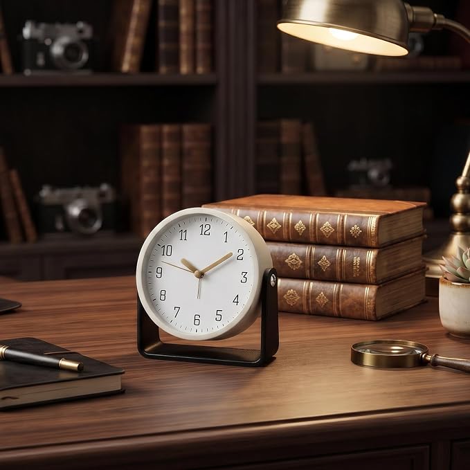 Analog Alarm Clock - 4.5" Silent Non Ticking Small Clock with Light, Rotatable Stand Metal Desk Clock Battery Operated, Simple Design for Living Room Decor/ Bedroom/Bedside/Shelf (Black & White)