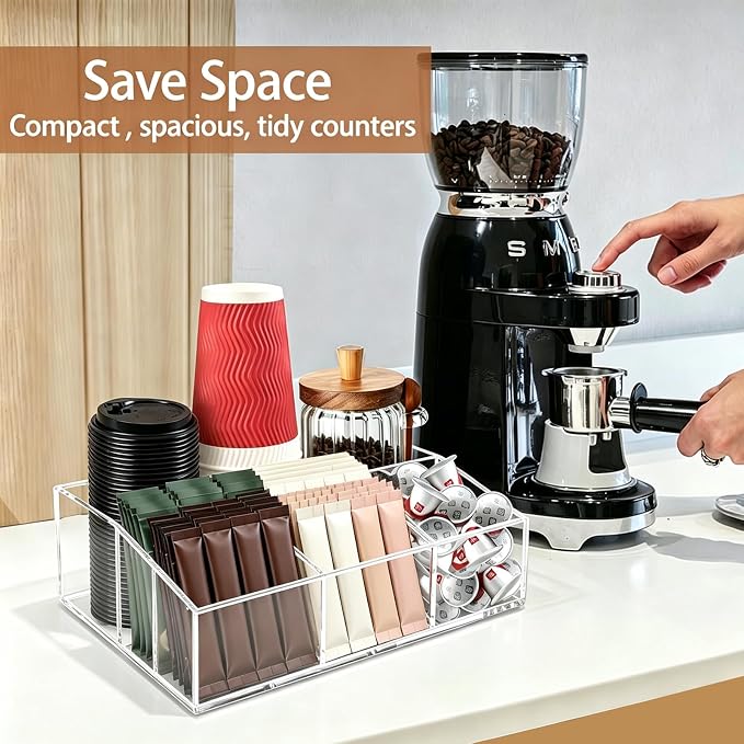 Coffee Bar Accessories, Acrylic Coffee Station Organizer Storage Box | Clear Coffee Station Accessories with Removable Dividers for Pod Condiment Syrup Cup Stirrer Tea Bag, Farmhouse Table Decor