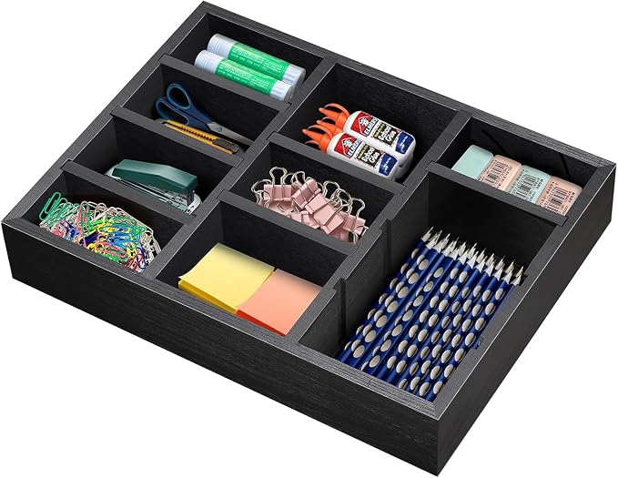 Wooden Desk Drawer Organizer | 9-Slot Desktop Tray | Adjustable Drawer Storage Box for Pens, Keys, Watch, Sticky Notes | Farmhouse Home&Office Decor