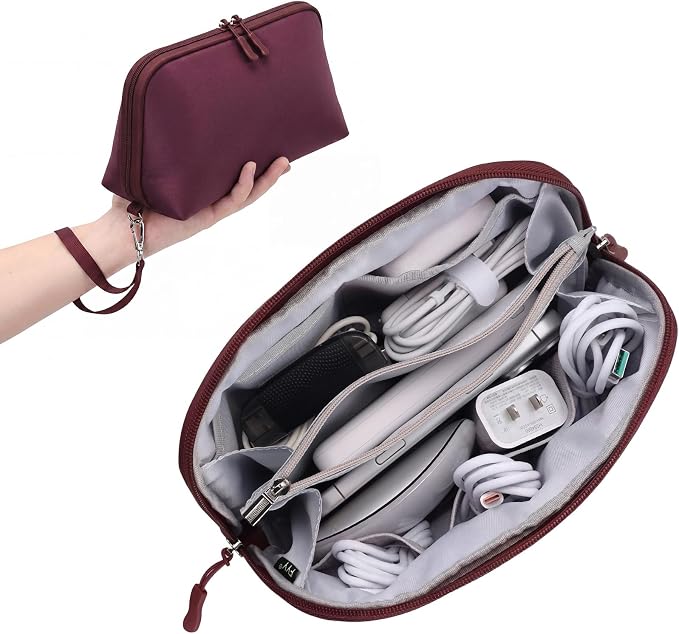 FYY Travel Cable Organizer - 8 Compartments Lightweight Water Resistant Tech Pouch with Wrist Strap, Portable Electronic Accessories Case for Cord Charger Storage for Travel Office Wine Red (Large)