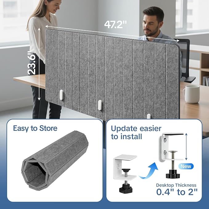 48" Desktop Privacy Screen - Sound Absorbing Felt Panel, Clamp-On Foldable Office Divider for Desk, Dark Grey