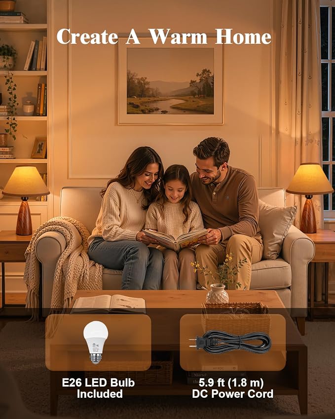 Nusogon Set of 2 Touch Table Lamps for Bedroom & Living Room, 3-Way Dimmable Bedside Lamps with Wood Grain Base & Fabric Shade, Farmhouse Nightstand Lamps for Nursery, Kids Room, LED Bulbs Included
