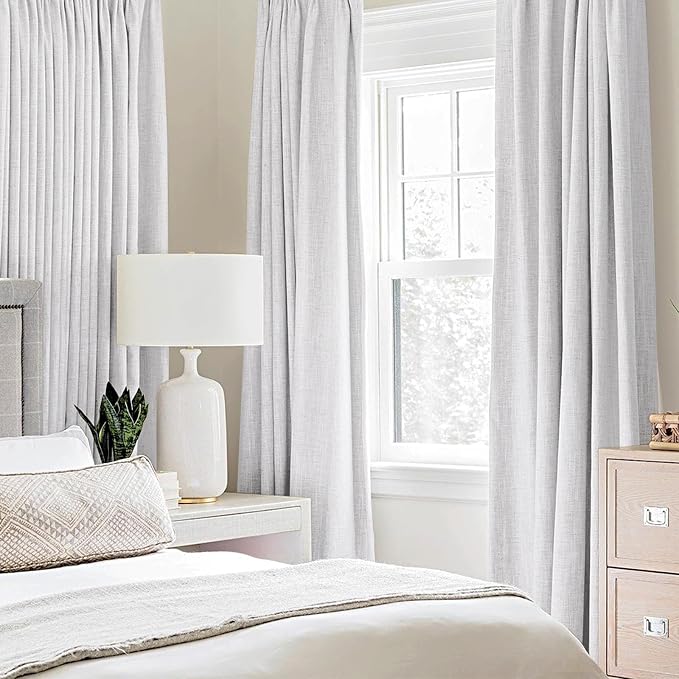 MIULEE Linen Texture 90 Inches Curtains for Bedroom 100% Blackout Thermal Insulated Grayish White Grommet Darkening Curtains for Living Room 52x90 Inch (2 Panels)