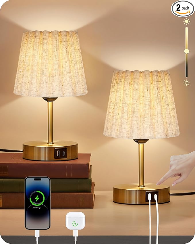 Small Bedside Table Lamps Set of 2, Touch Dimmable Table Lamps with USB Ports, Nightstand Lamps with 2 Stepless Dimming LED Bulbs, E26 Base, for Bedroom, Study, Gold and Beige DE16TLP205