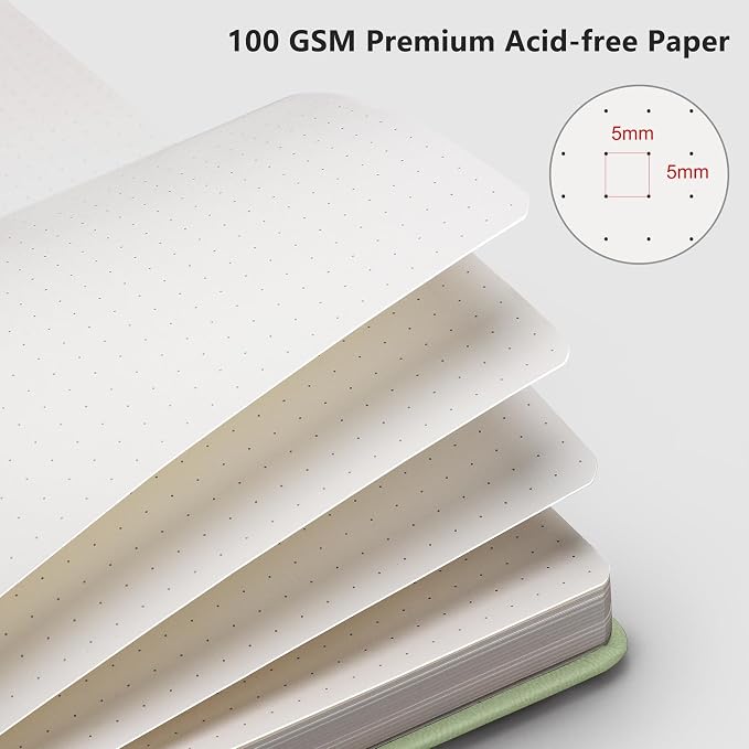 RETTACY Dotted Journal Notebook, 320 Numbered Pages, A5 Medium Size (5.7'' × 8.3''), Leather Hardcover, 100 GSM Thick Paper, for Journaling, Planning, Tracking (Light Green)