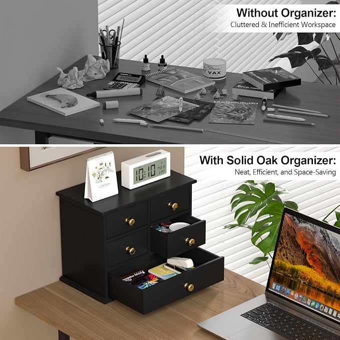 Oak Desk Organizer with Drawers, Durable Wooden Desktop Storage Box | 5 Drawer Tabletop Organizer with Metal Handles & Non-Slip Pads for Office, Bedroom, Bathroom, Vanity & Makeup Storage, Black