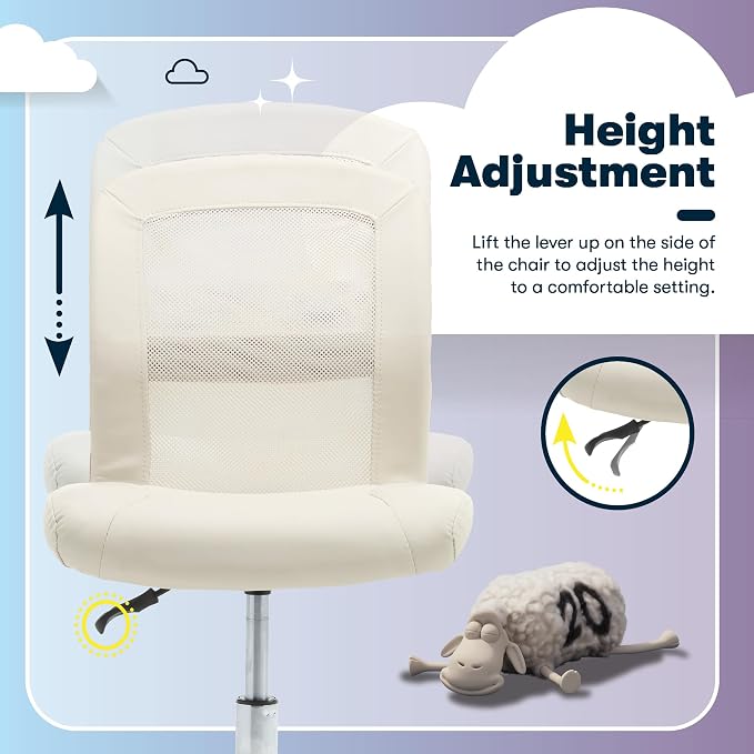 Serta Armless Small Home Desk Chair with Wheel, Ergonomic Mesh Office Chair | Leather and Foam Cusioned Seat, Adjustable Height, Small Vanity Chair for Bedroom and Small Spaces, 360° Swivels, Cream White
