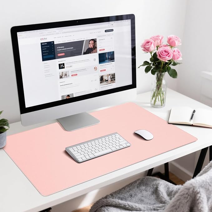Leather Desk Pad Protector, Office Desk Mat, Large Mouse Pad, Non-Slip PU Leather Desk Blotter, Waterproof Computer Desk Writing Pad for Office and Home (Lighr Pink, 36" x 17")