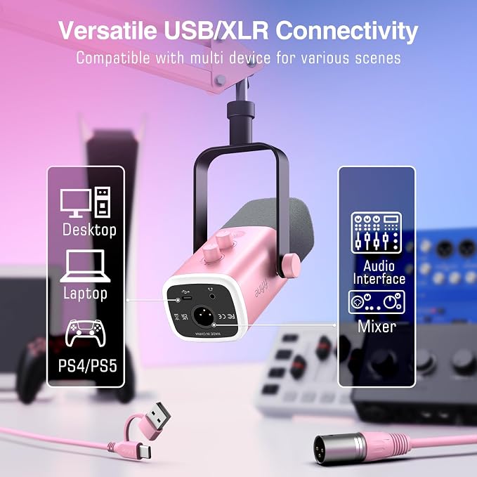 FIFINE XLR Gaming Microphone USB, PC Dynamic Microphone Kit for Vocal, Recording, Podcast, Streaming RGB Mic with Headphone Jack, Mute Button, Boom Arm Stand for Computer/Mixer-AmpliGame AM8T Pink