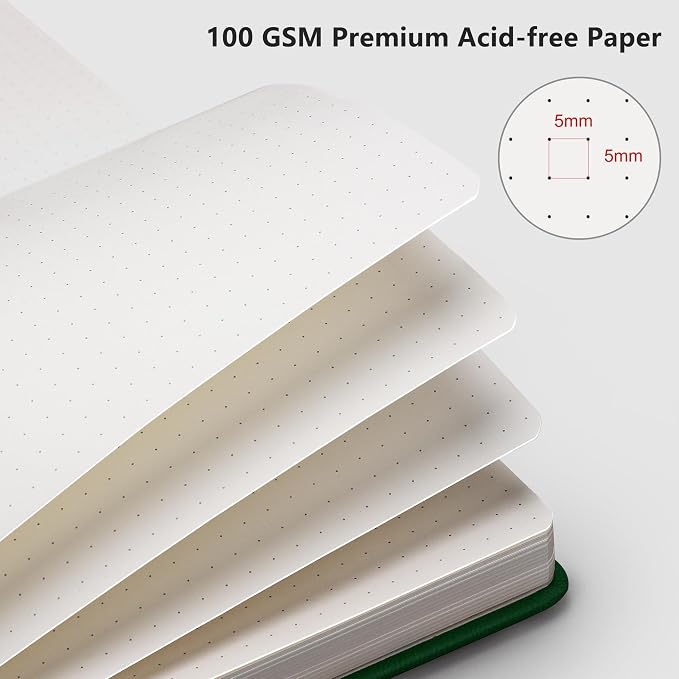 RETTACY Dotted Journal Notebook, 320 Numbered Pages, A5 Medium Size (5.7'' × 8.3''), Leather Hardcover, 100 GSM Thick Paper, for Journaling, Planning, Tracking (Dark Green)