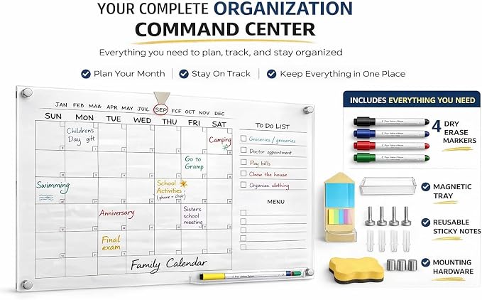 Acrylic Wall Calendar – Medium Clear Dry Erase Wall Calendar 24x18 – Acrylic Monthly Wall Planner for Home, Office & Family – Reusable Transparent Wall Calendar with Markers