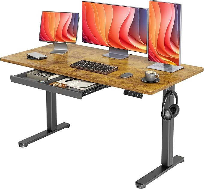 YDN Electric Standing Desk 55 x 24 Inch with Drawer Rustic Brown | 25.6 x 12.6 inch drawer with 11 lbs capacity, 28.3 to 46.5 inch height range, 176 lbs steel frame,45dB motor