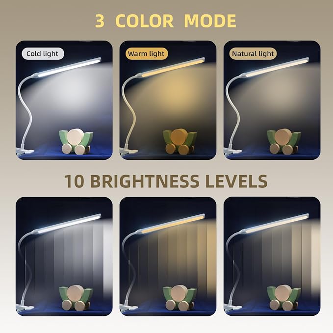 Clip on Desk Lamp with Long Flexible Arm, 3 Color Modes & 10 Dimmable Brightness LED Task Light, USB Powered for Home Office, Sewing, Study, Craft, Easel