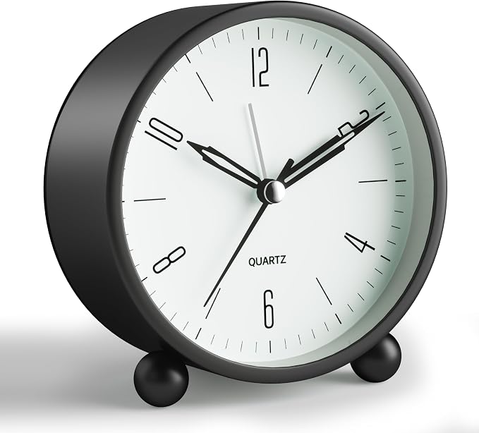 JALL Analog Alarm Clock, 4 inch Super Silent Non Ticking Small Clock with Night Light, Battery Operated, Simple Design, Old Fashioned Style Black Decor, for Bedroom, Bedside, Desk, Adult, Gift, Black