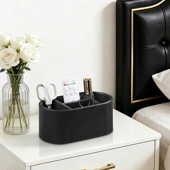 Oval Remote Control Holder, 4-Compartment Desk Nightstand Organizer | Crinkled Finish PU Leather Desk Organizer, Waterproof Desk Caddy for Remote Controls, Makeups, Pens & Office Supplies