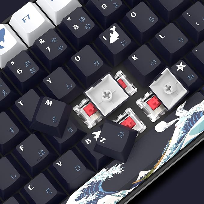 XVX PBT Keycaps 132 Keys, Great Wave Off Kanagawa Japanese Keyboard Keycaps, 5 Side DYE-Sub Custom Keycap Set, Cherry Profile Keycap for Cherry Gateron MX Switches Mechanical Keyboard
