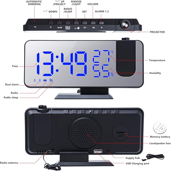 Projection Digital Alarm Clock for Bedrooms,Alarm Clock Radio on Ceiling, | USB Charger Port, Temperature & Humidity Display, 7.3” Large Mirror LED Display,12/24H,Snooze,Dual Loud Clock- 4 Dimmer