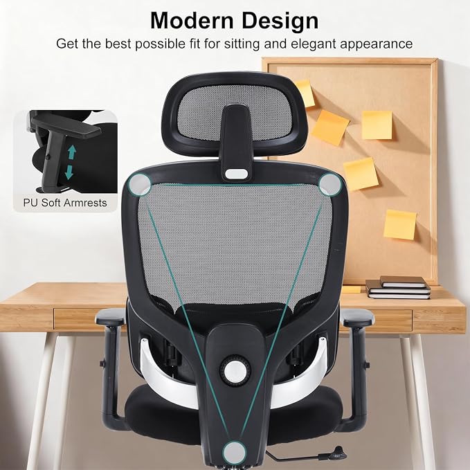 Office Chair Ergonomic Desk Chairs with Adjustable Lumbar Support & Headrest, Mesh High Back Home Office Desk Chairs with Adjustable Height Armrests, Comfy Swivel Task Computer Chair