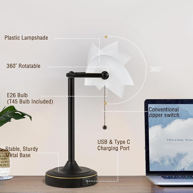 Vintage Desk Lamp Bankers Lamp - Plastic Lampshade Black Retro Table Lamp with USB & Type C Charging Ports Traditional Library Lamp for Home Office Nightstand Bedroom Side Table Lamp-Bulb Included
