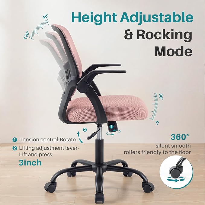 OLIXIS Ergonomic Office Desk Chair, Executive Mid-Back Computer Chair with Comfortable Lumbar Support & Rocking Mode, Height Adjustable with Flip-up Armrest, 360° Swivel, for Adults, Pink