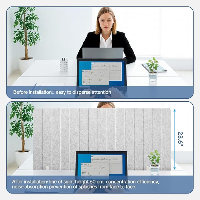 48" Desktop Privacy Screen - Sound Absorbing Felt Panel, Clamp-On Foldable Office Divider for Desk, Silver Gray