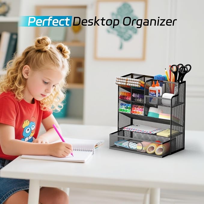 Mesh Pen Organizer for Desk, 13 Compartments with Drawer, Black | Metal mesh pencil holder and desk organizer with tilted slots for easy access to stationery at home, school or office