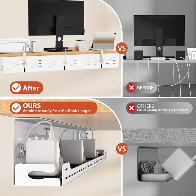 Univivi Under Desk Cable Management Tray, Cable Management, 48 inch, White | Durable Steel Material, Cord Organizer with No-Drill C-Clamp and Screw Mount, Effortless Wire Management for Office/Home