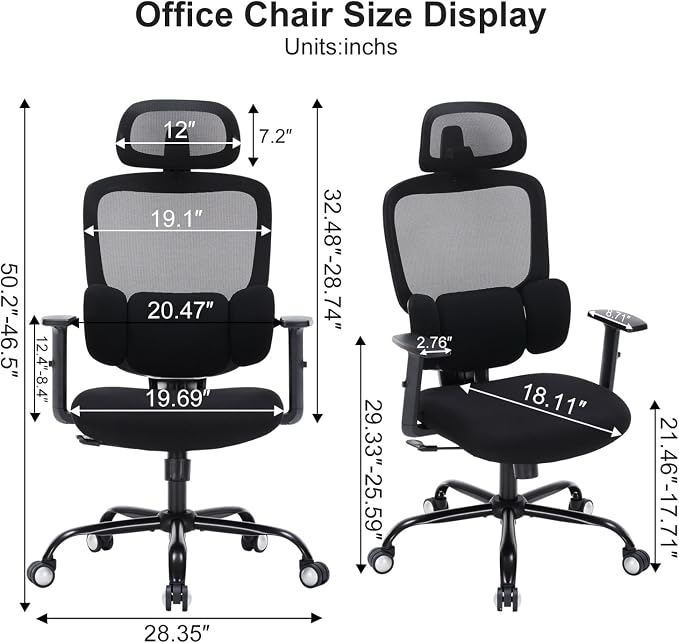 Office Chair Ergonomic Desk Chairs with Adjustable Lumbar Support & Headrest, Mesh High Back Home Office Desk Chairs with Adjustable Height Armrests, Comfy Swivel Task Computer Chair