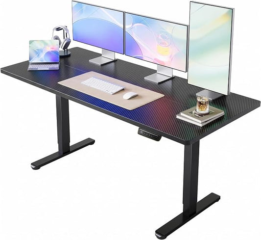 HUANUO Electric Standing Desk, 63" x 28" Height Adjustable Desk, 4 Memory Height Settings, Sit to Stand Up Desk for Home Office, with Headphone Hook, Cable Manager, Carbon Fiber Black