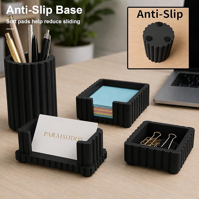 Concrete Desk Organizer Set of 4, Modern Desk Accessories, Black | Pen holder, Sticky note holder, Paper clip tray, Business card holder, Soft anti-slip pads, For home and office use