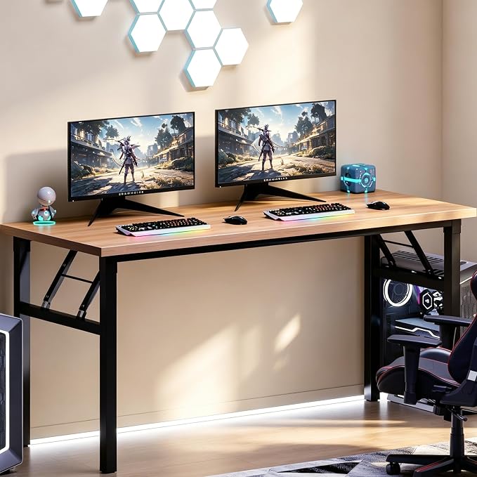 sogesfurniture 62 inches Foldable Computer Desk, No Assembly Sturdy Large Laptop Workstation for Home Office, Modern Portable Folding Study Table Writing Gaming Desk for Small Spaces, Teak Black