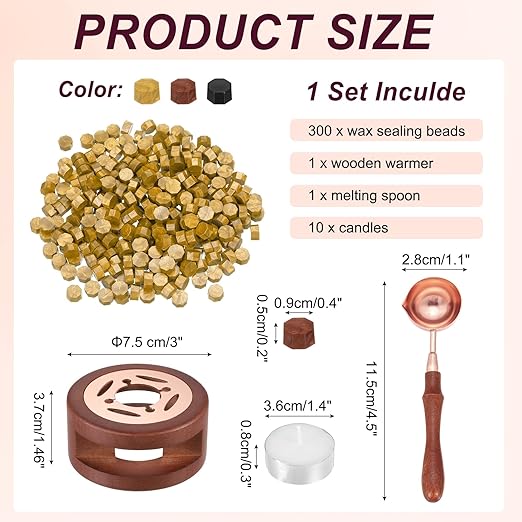 PATIKIL Wax Seal Kit, 300 Pcs Wax Sealing Beads, Wooden Warmer, Melted Spoon, 10 Pcs Tealight Candles for Envelope Letter Mailing Crafts DIY, Black/Gold/Red Gold
