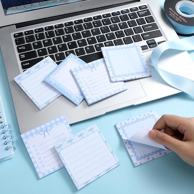Thenshop 24 Pad/720 Sheets Coquette Bow Sticky Notes 3 x 3 Inch Cute Bow Sticky Note Pads Coquette Stuff Ribbon Notebook Memo Pads School Supplies for Women Party Favors(Blue)